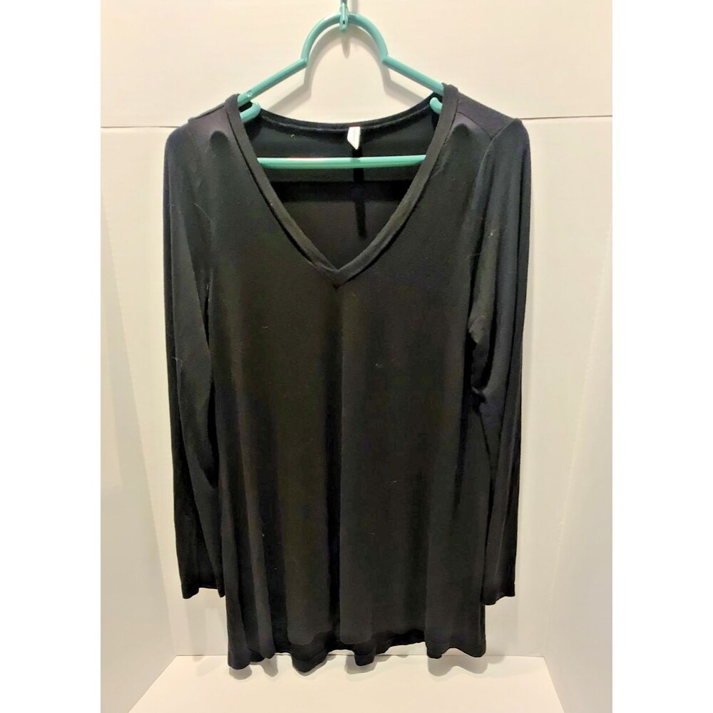 Popyoung Black V-Neck Soft Shirt Long Sleeve Loose-Fitting Blouse Size M